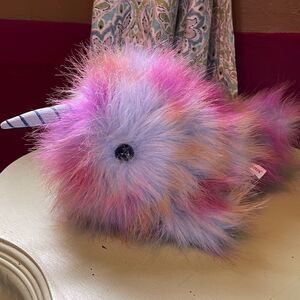 Aurora NARWHAL purple blue yellow long Fur 13” plush 2019 blue striped horn.